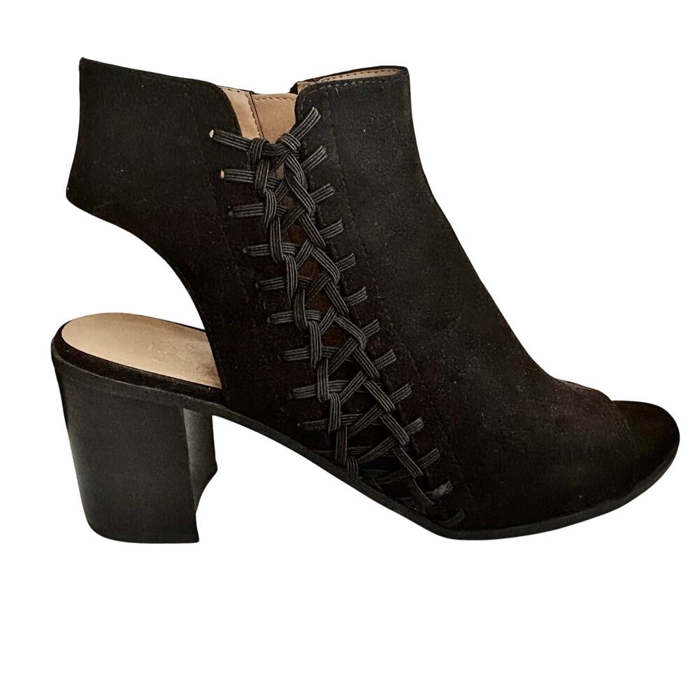 Franco Sarto Hannah Black Faux Suede Lattice Peep Toe Ankle Boot Booties Heel